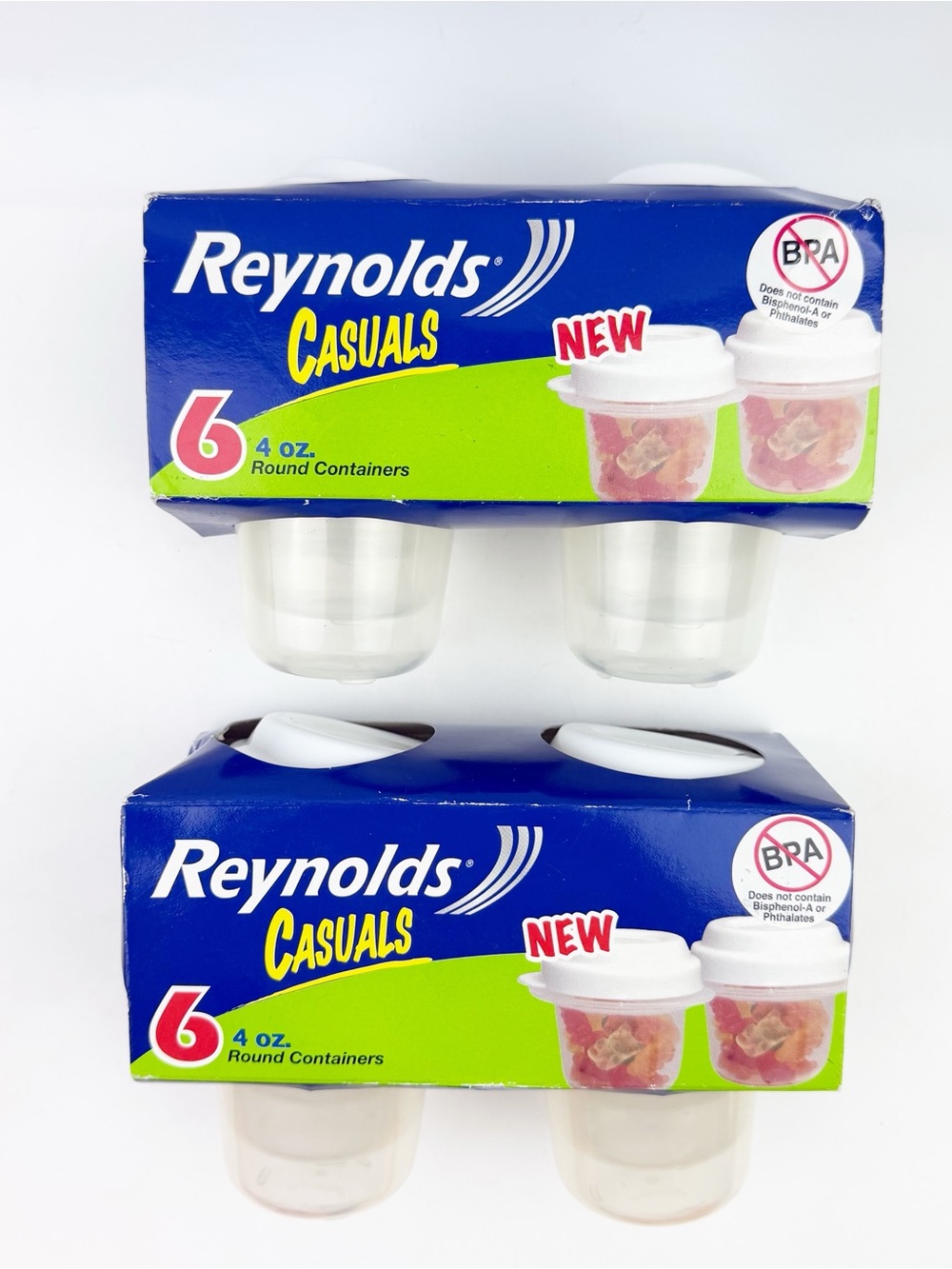 2 Reynolds Casuals 6 Pack 4 oz Round Plastic Containers White Lids BPA Free NOS